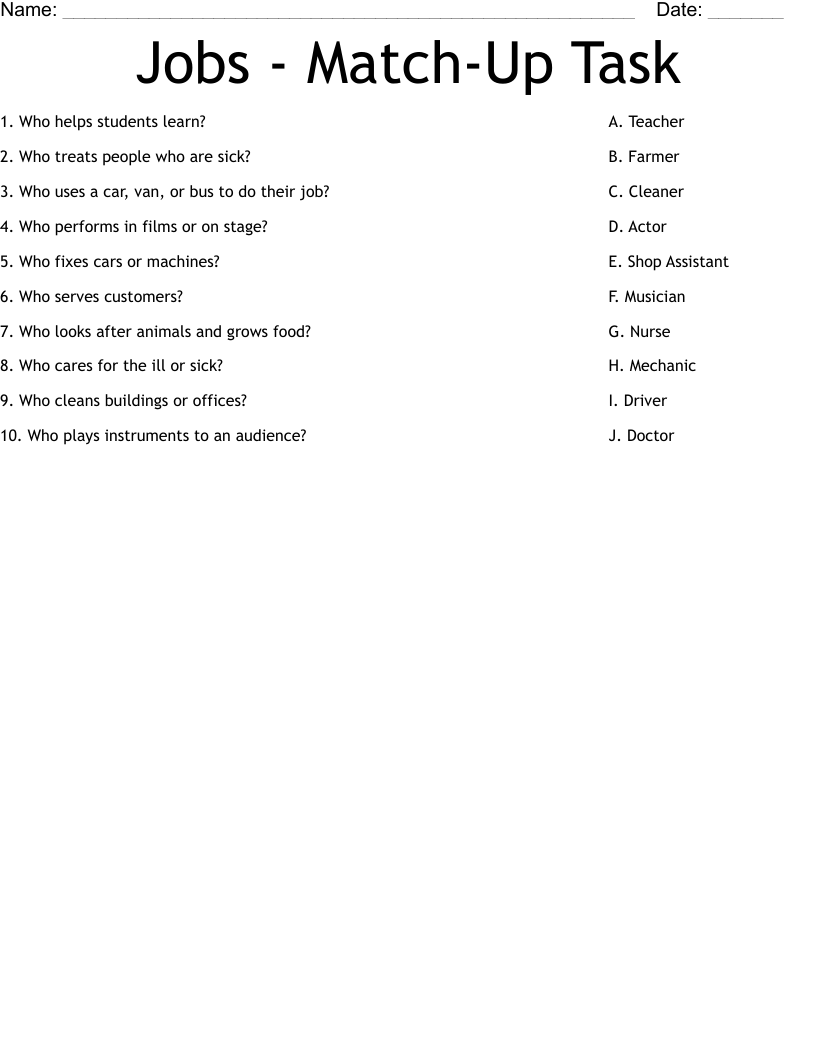 Jobs - Match-Up Task Worksheet