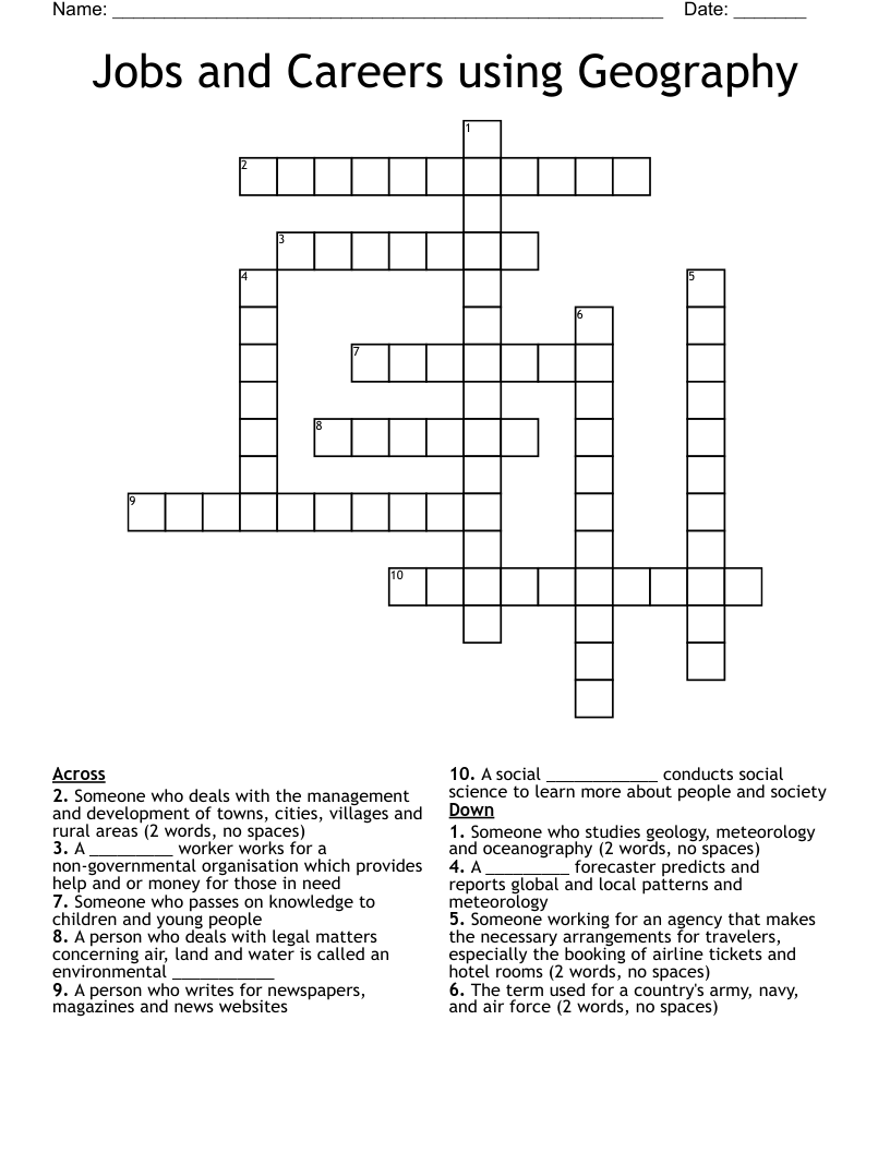 Jobs and Careers using Geography Crossword