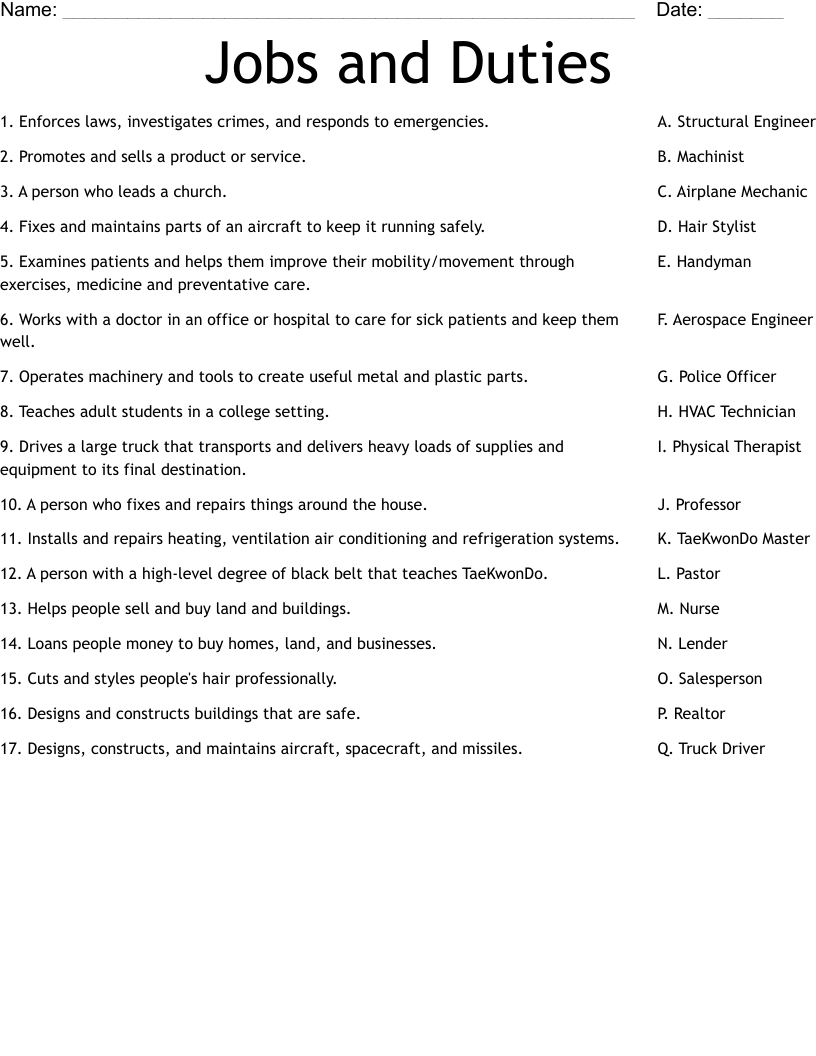 Jobs and Duties Worksheet