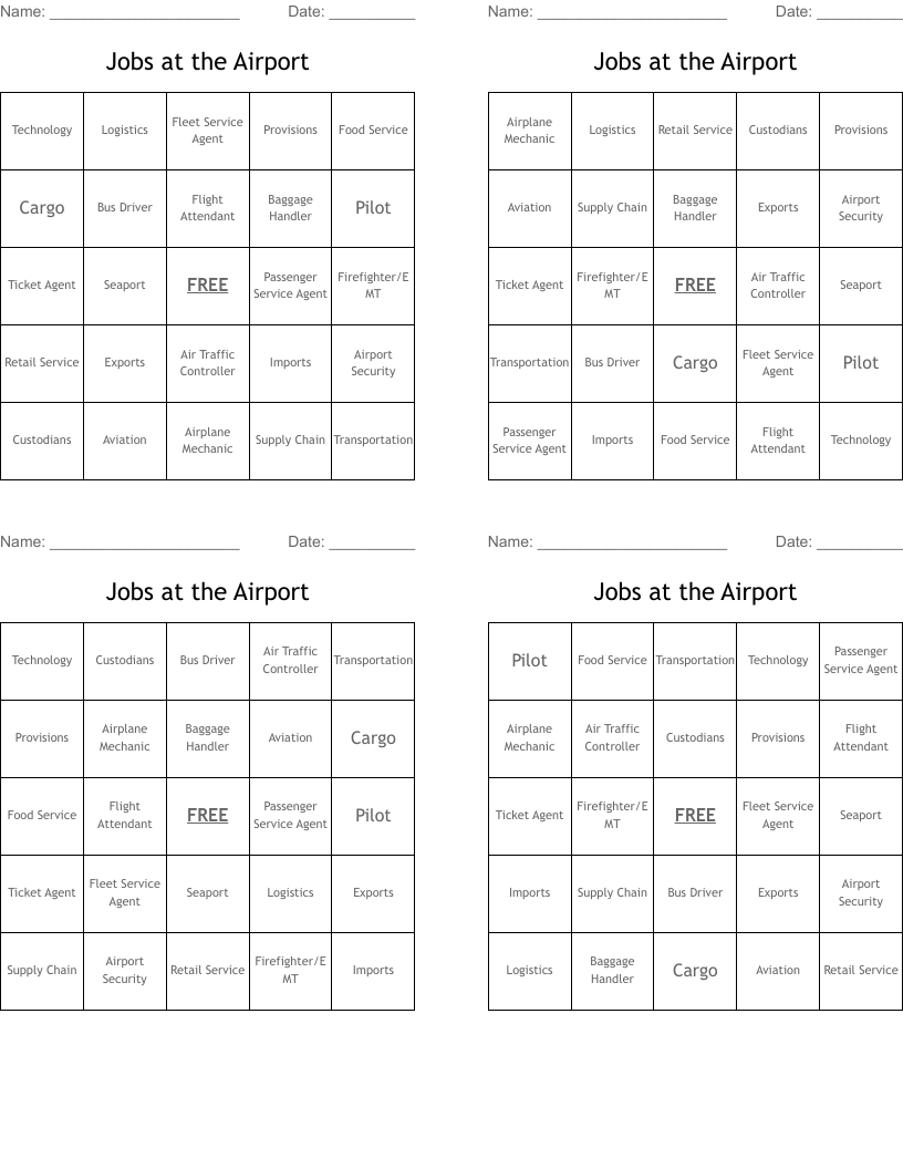 Jobs at the Airport Bingo Cards