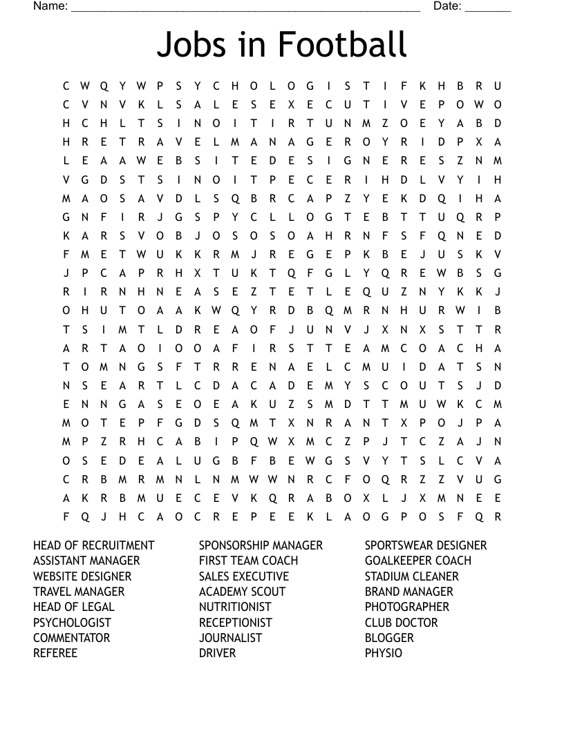 Jobs in Football Word Search