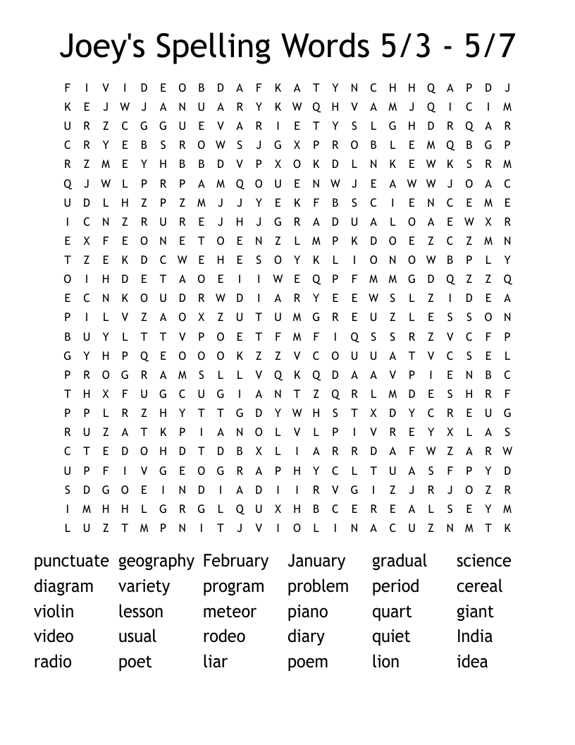Joey's Spelling Words 5/3 - 5/7 Word Search