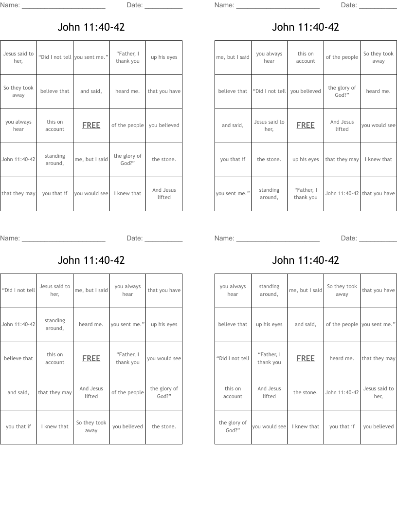 John 11:40-42 Bingo Cards
