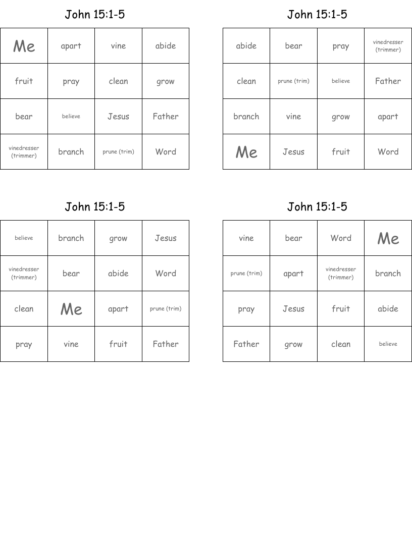 John 15:1-5 Bingo Cards