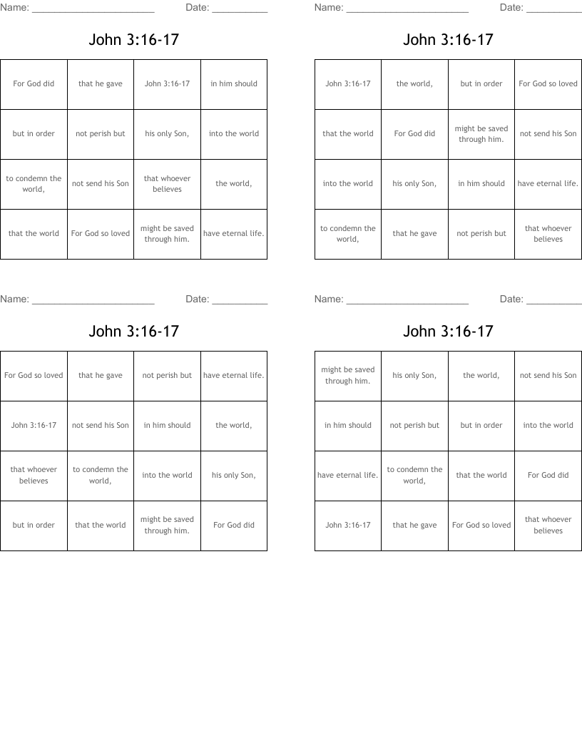 John 3:16-17 Bingo Cards