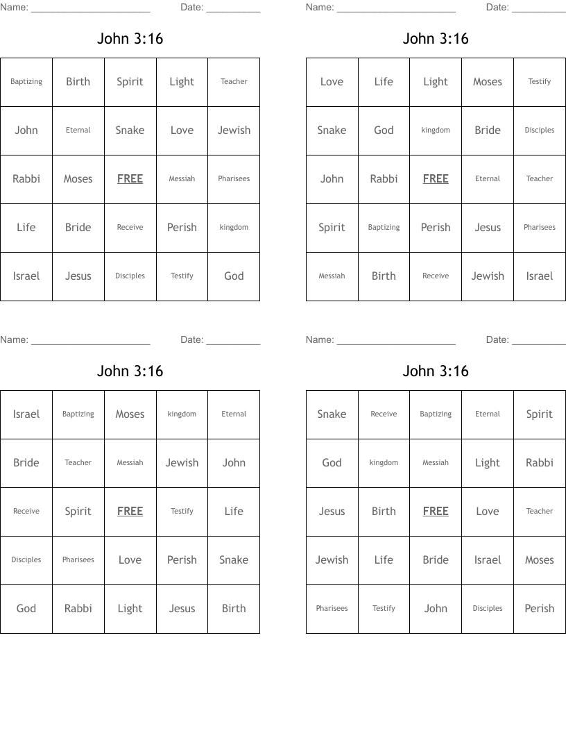 John 3:16 Bingo Cards