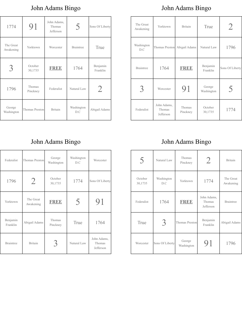 John Adams Bingo