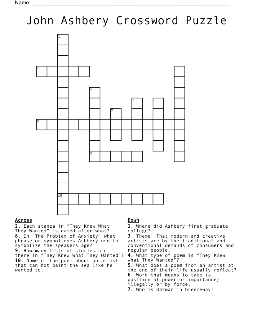 John Ashbery Crossword Puzzle