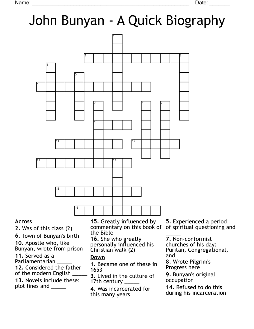 John Bunyan - A Quick Biography  Crossword