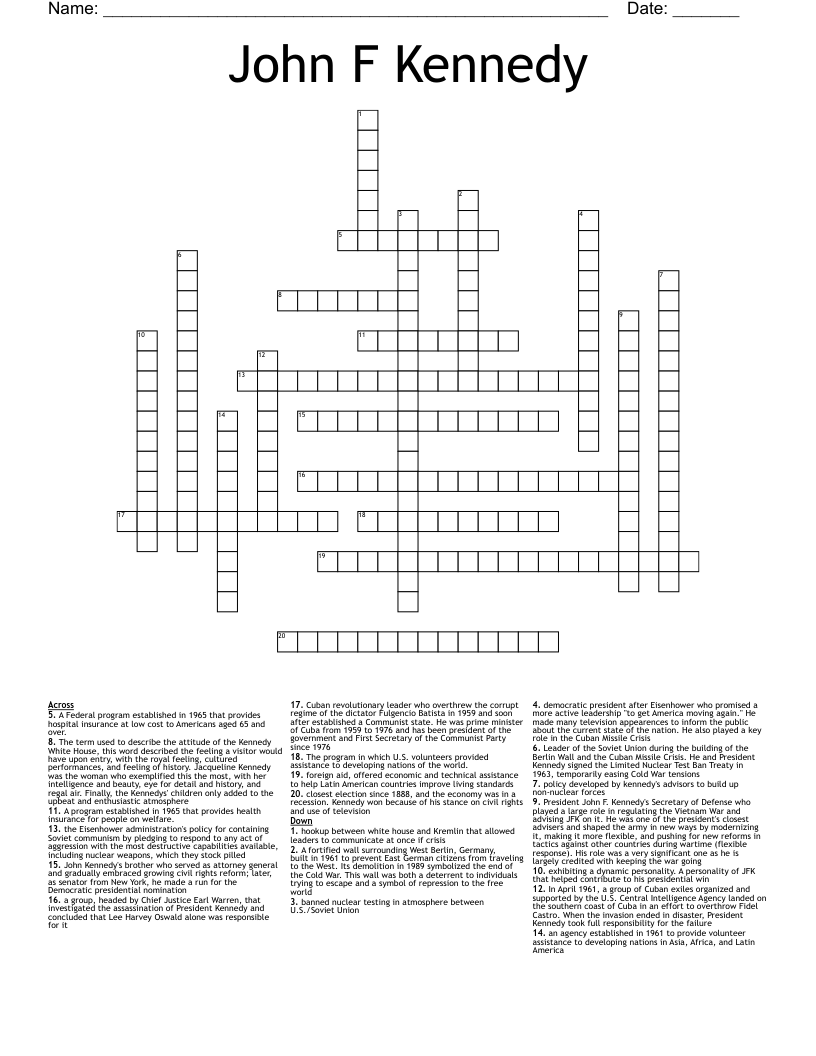 John F Kennedy Crossword