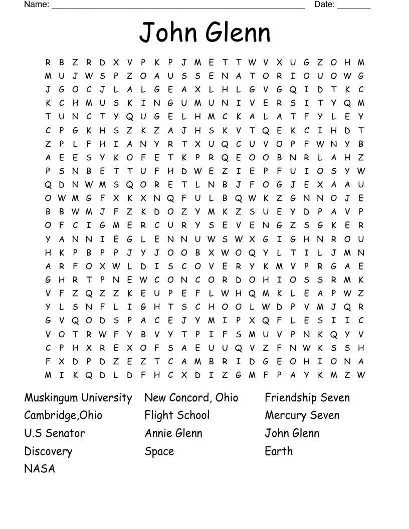 John Glenn Word Search