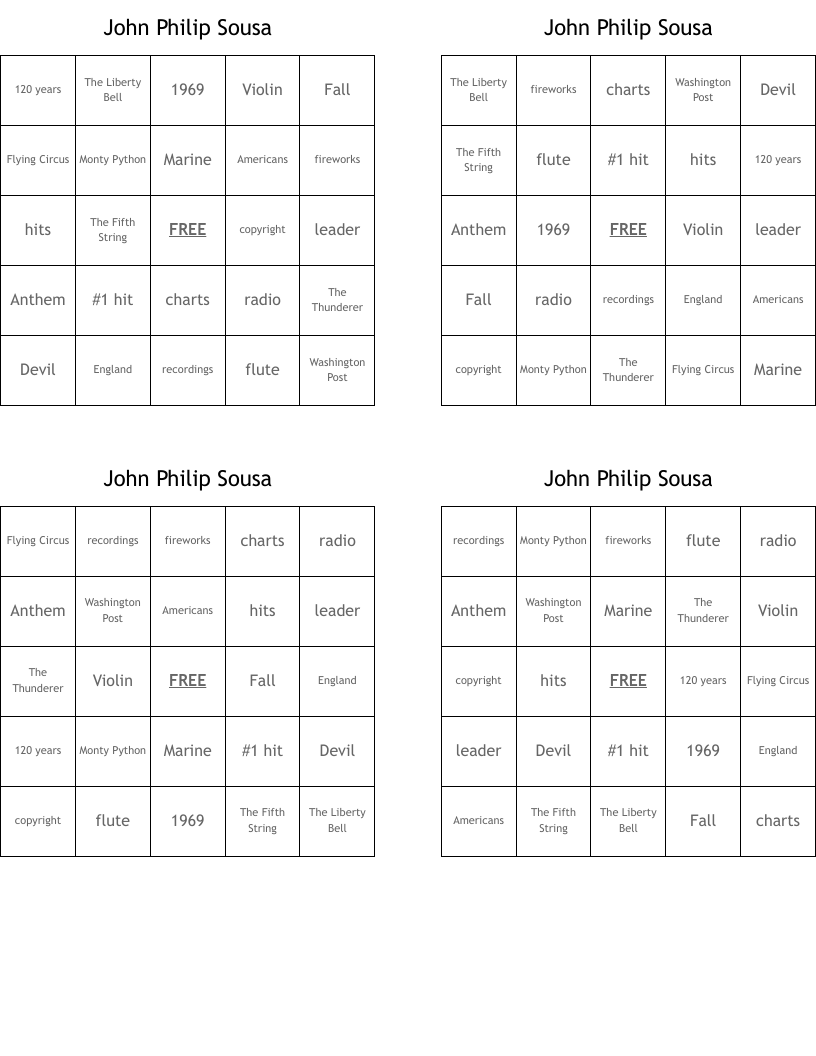 John Philip Sousa Bingo Cards