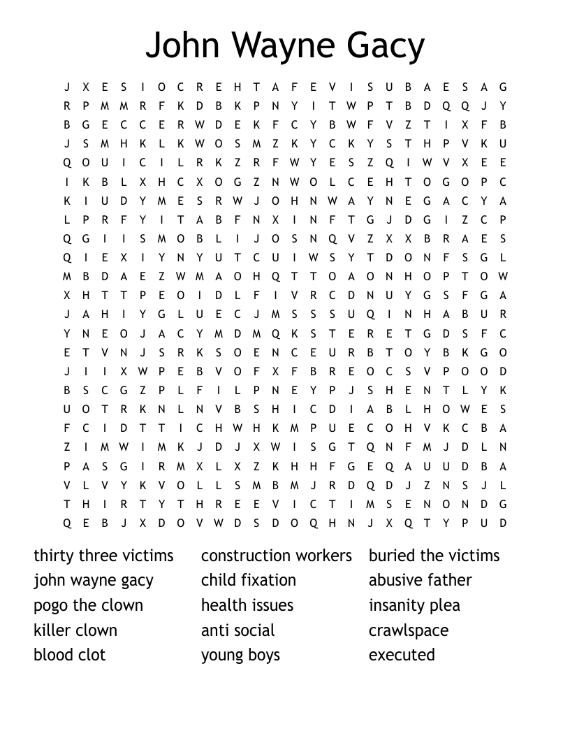 John Wayne Gacy Word Search