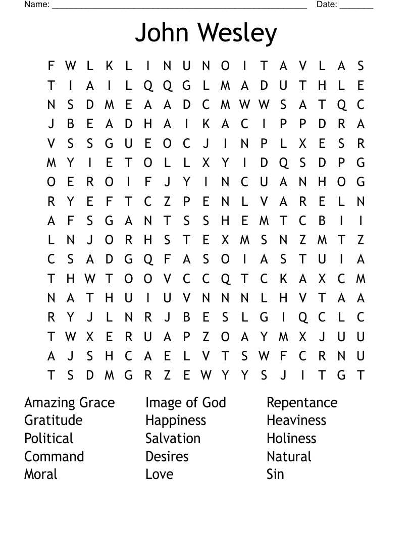 John Wesley Word Search
