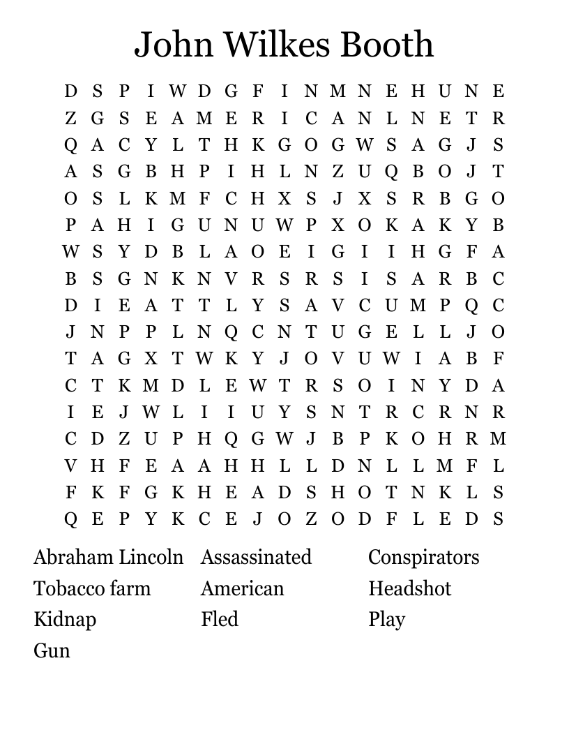 John Wilkes Booth  Word Search
