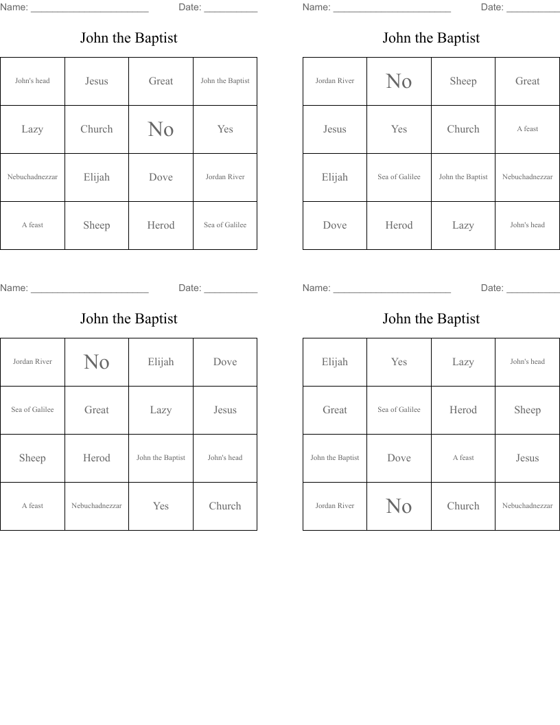 John the Baptist Bingo Cards