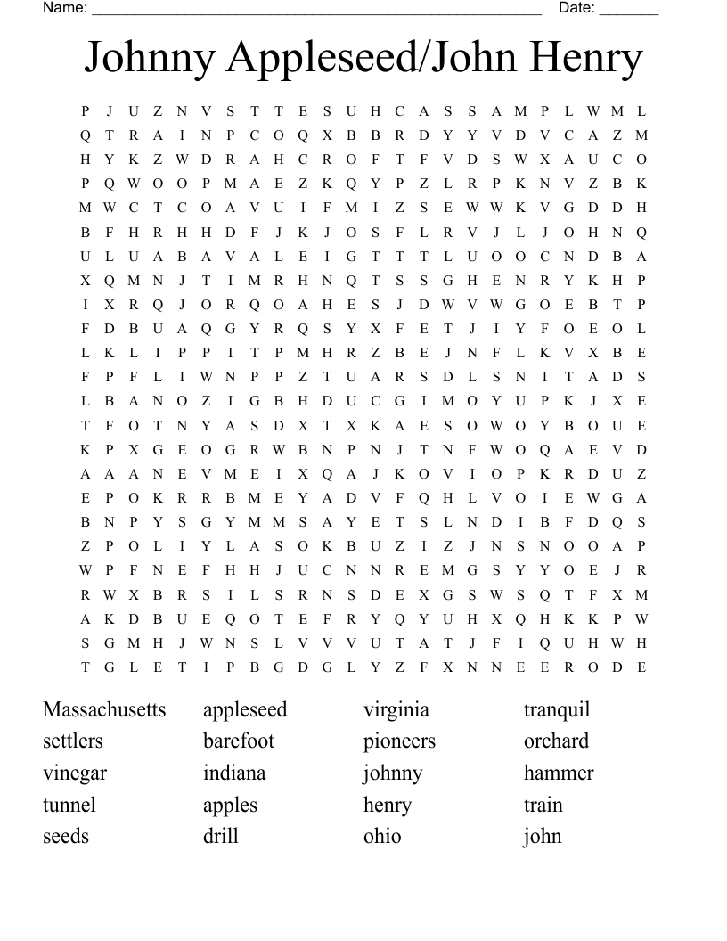 Johnny Appleseed/John Henry Word Search