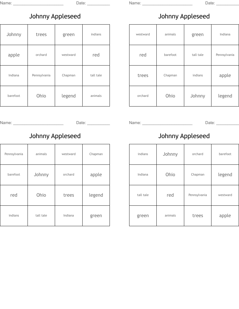 Johnny Appleseed Bingo Cards