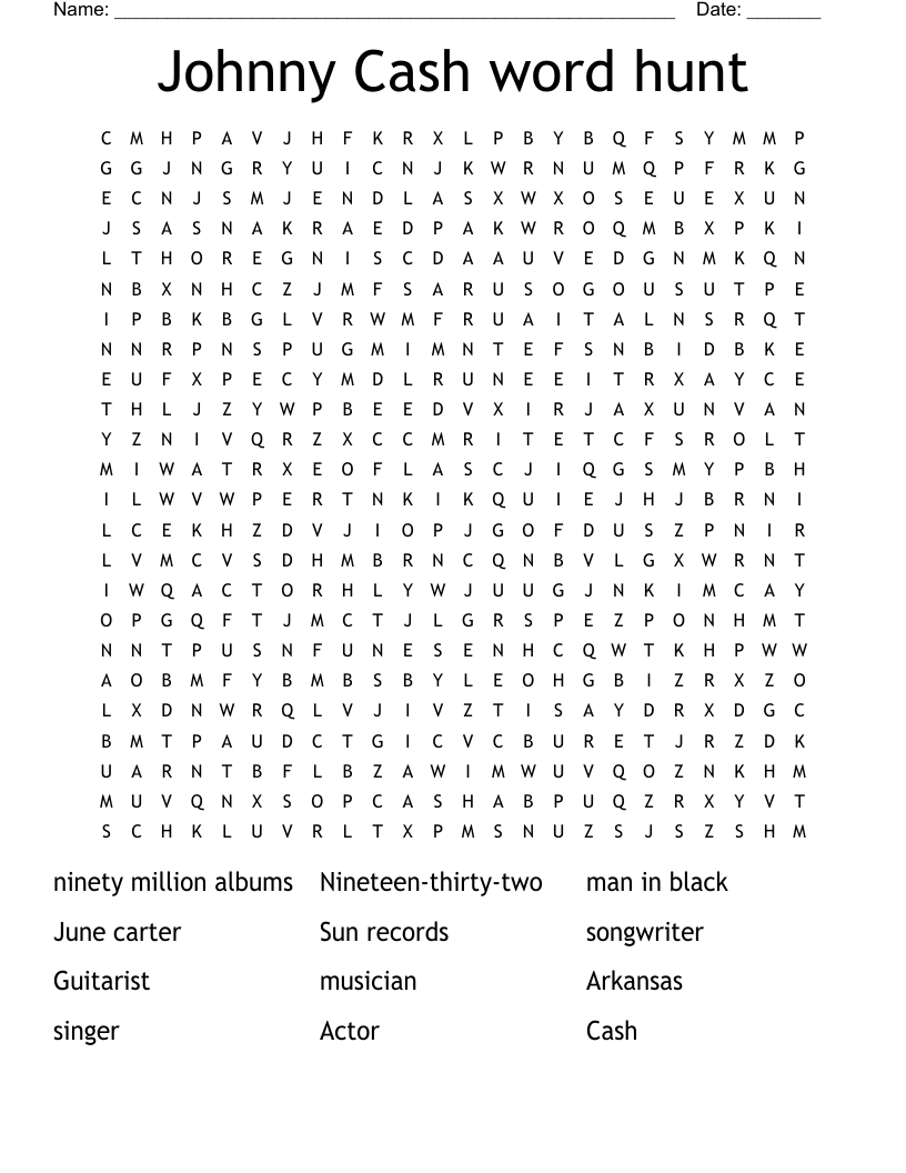Johnny Cash word hunt  Word Search