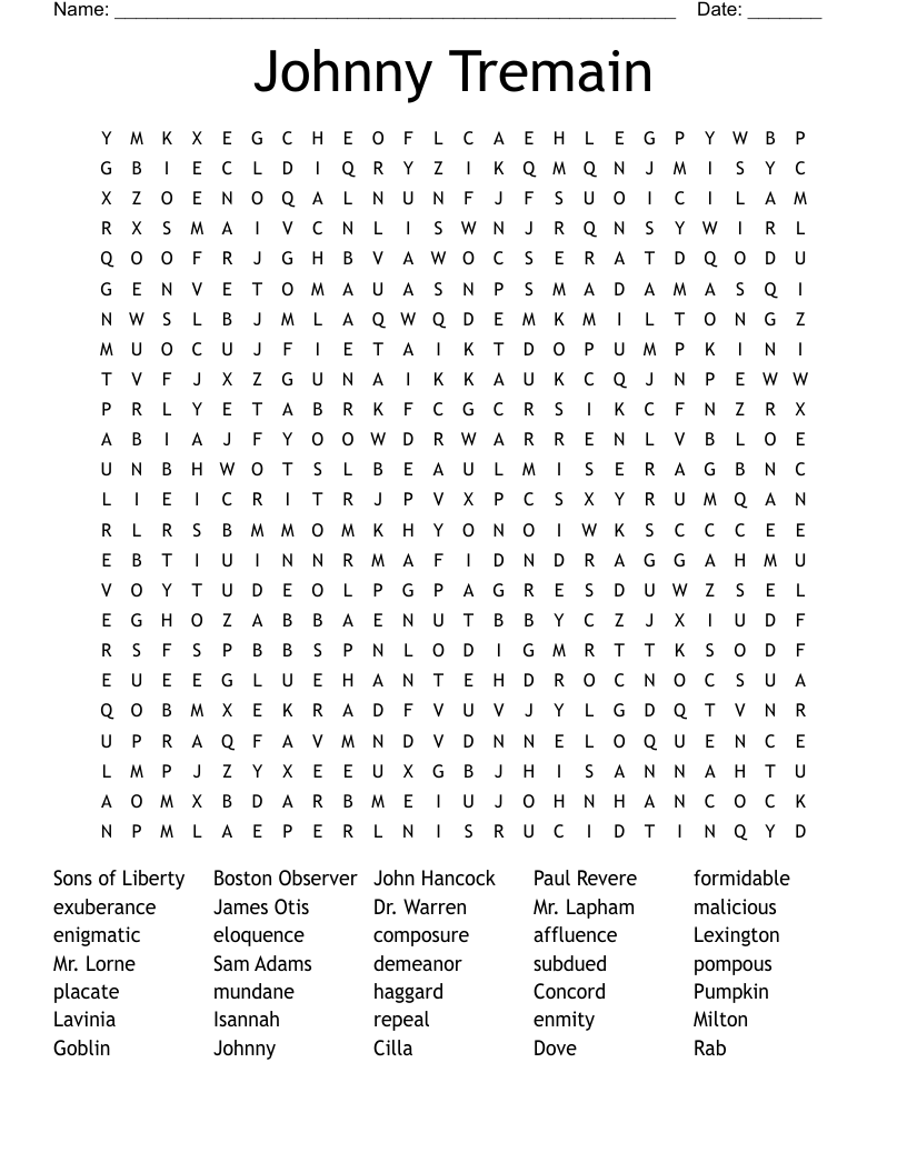 Johnny Tremain Word Search