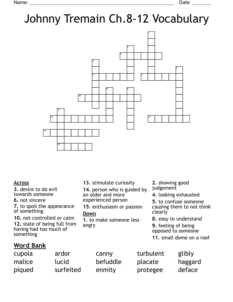 Johnny Tremain Ch.8-12 Vocabulary Crossword