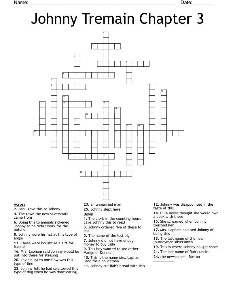 Johnny Tremain Chapter 3 Crossword