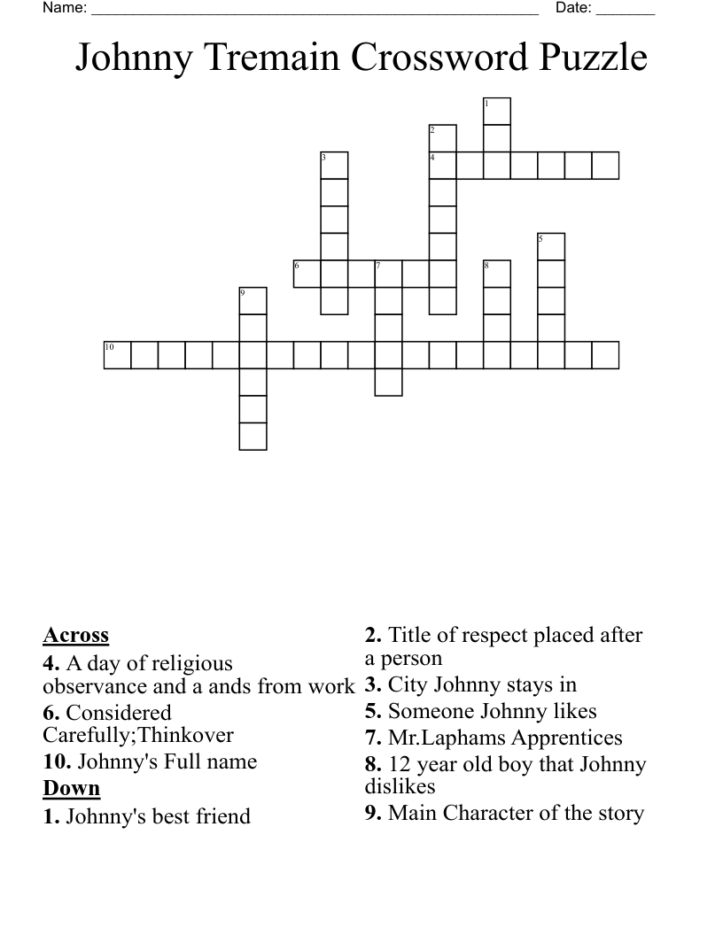 Johnny Tremain Crossword Puzzle
