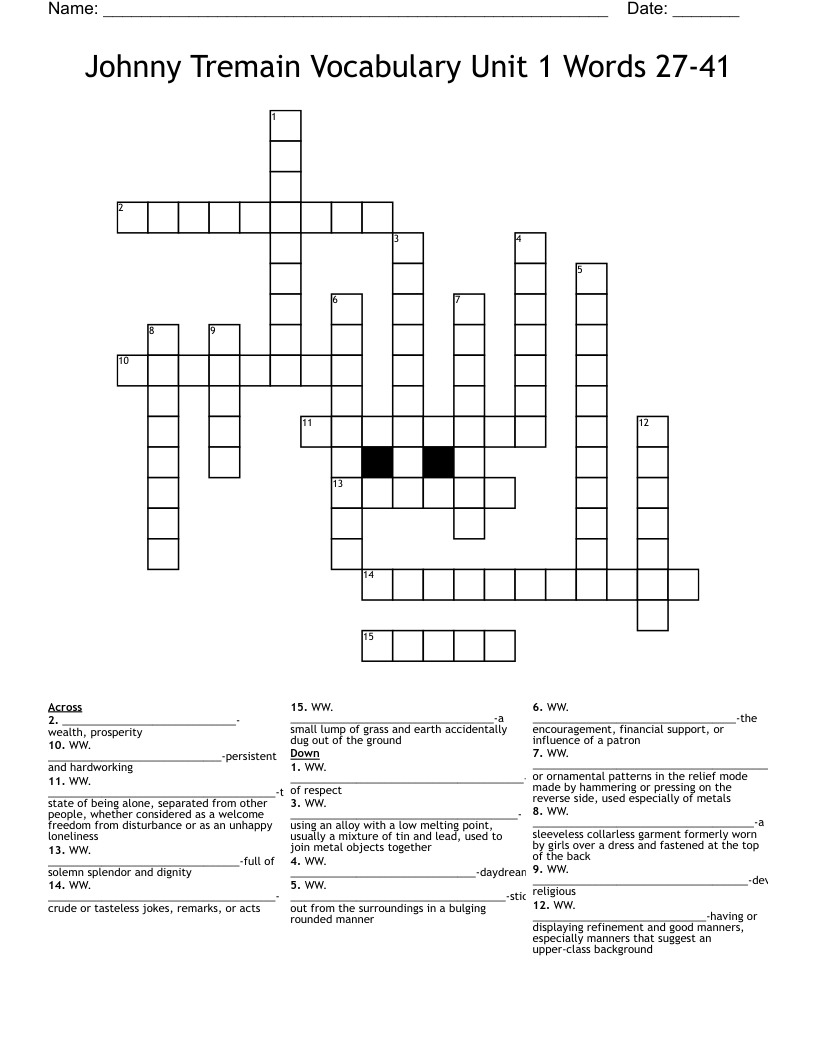Johnny Tremain Vocabulary Unit 1 Words 27-41 Crossword