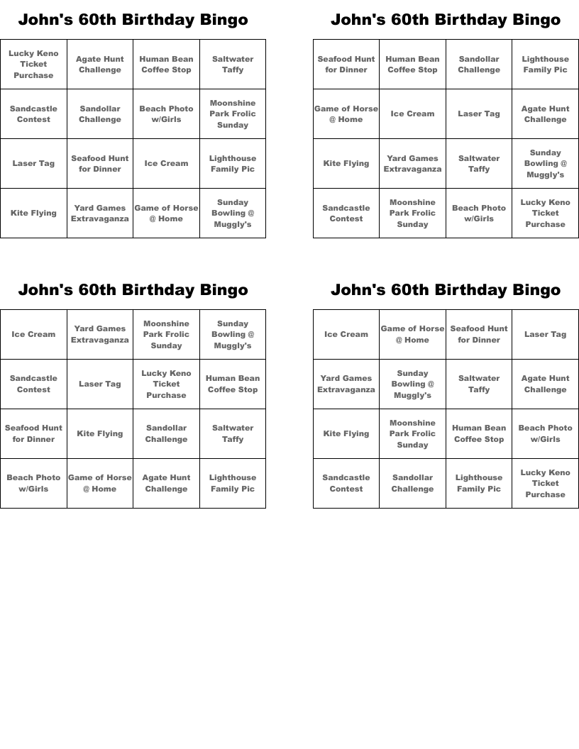 John's 60th Birthday Bingo 