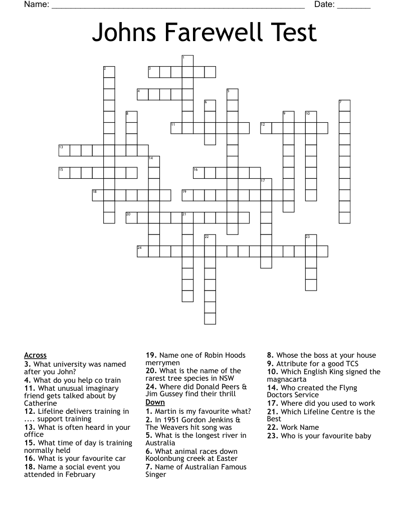 Johns Farewell Test Crossword
