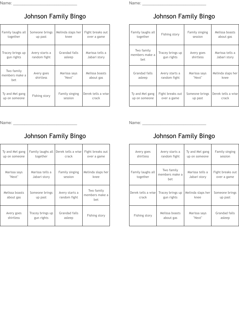 Johnson Family Bingo