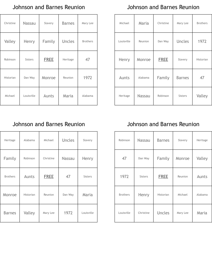 Johnson and Barnes Reunion Bingo Cards