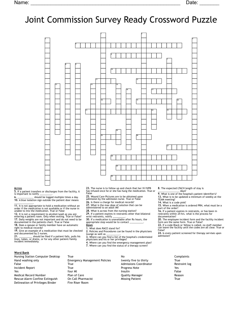 Joint Commission Survey Ready Crossword Puzzle