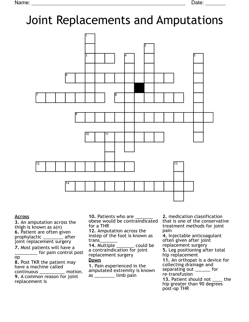 Joint Replacements and Amputations Crossword