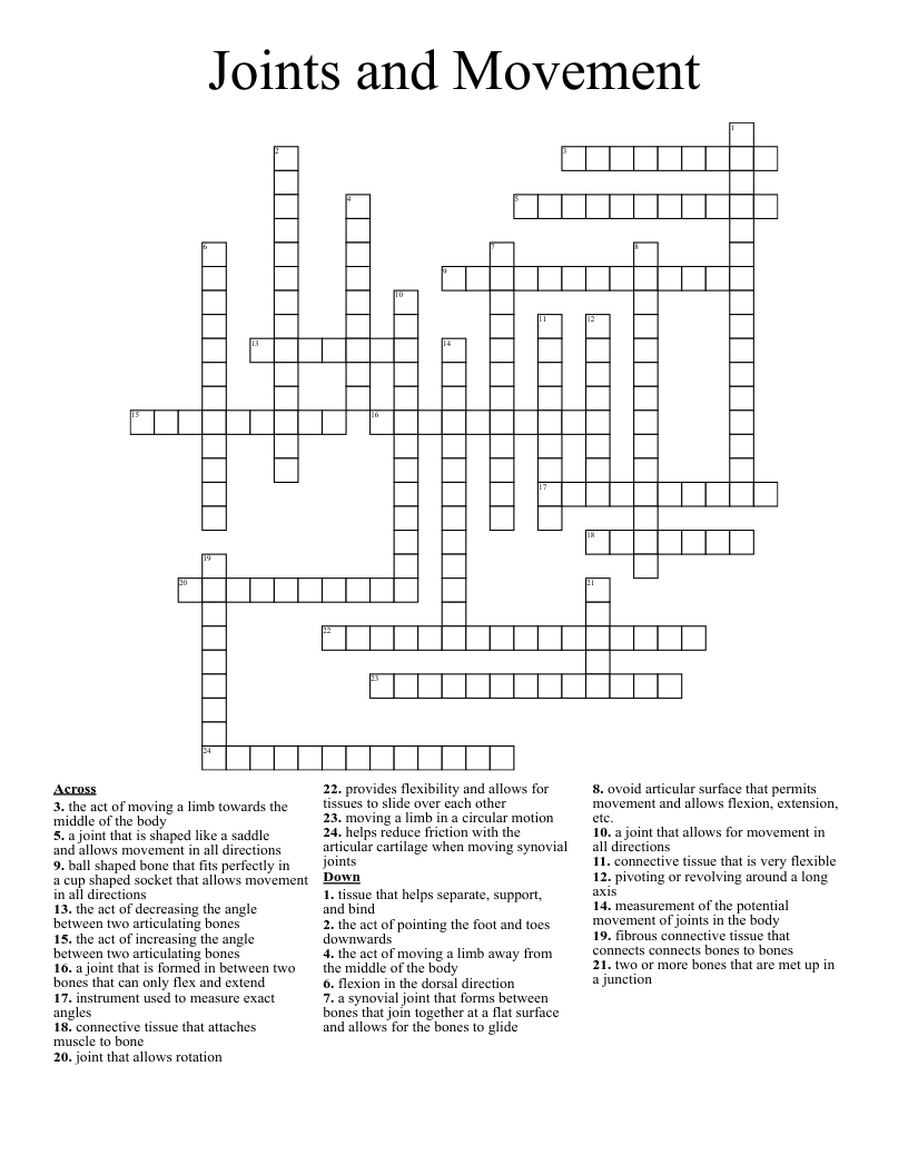 Joints and Movement  Crossword