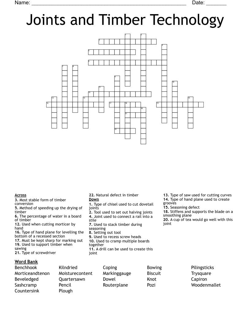 Joints and Timber Technology Crossword