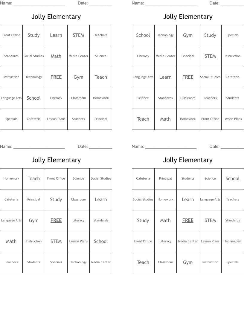 Jolly Elementary Bingo Cards