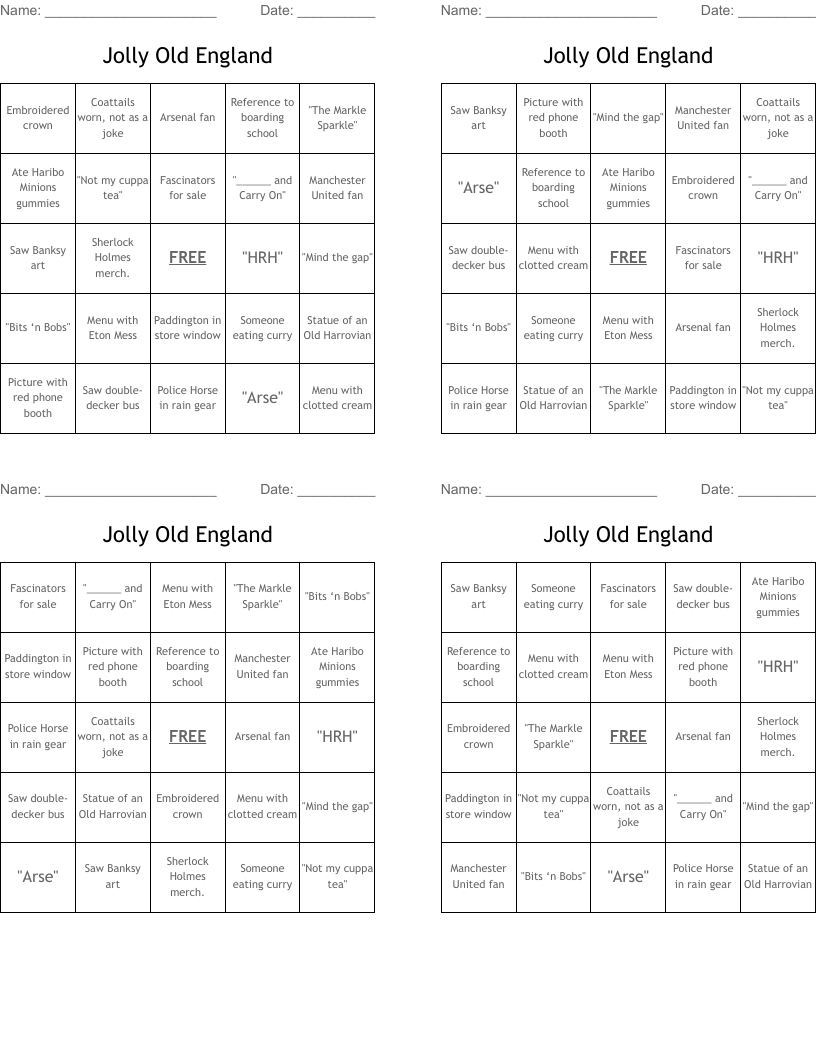 Jolly Old England Bingo Cards