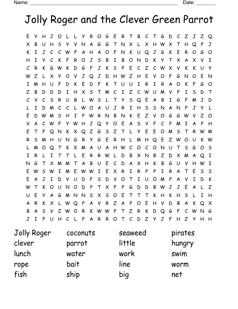 Jolly Roger and the Clever Green Parrot Word Search