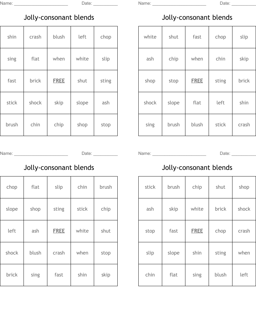 Jolly-consonant blends Bingo Cards