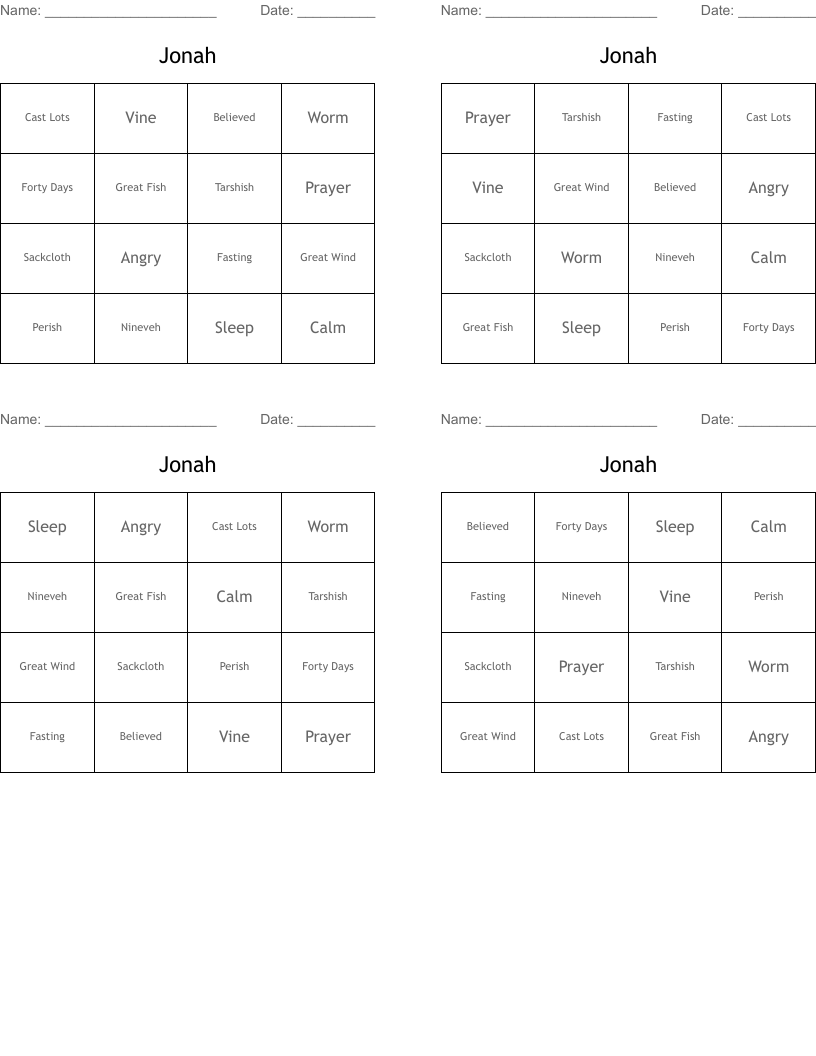 Jonah Bingo Cards