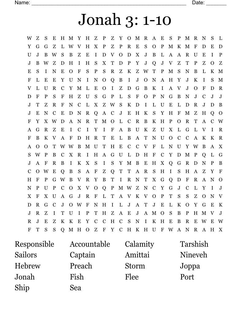 Jonah 3: 1-10 Word Search
