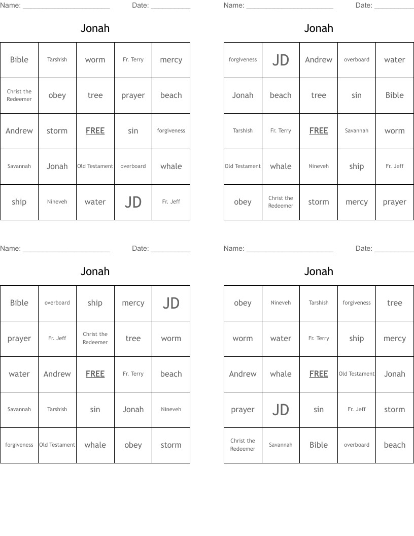 Jonah Bingo Cards