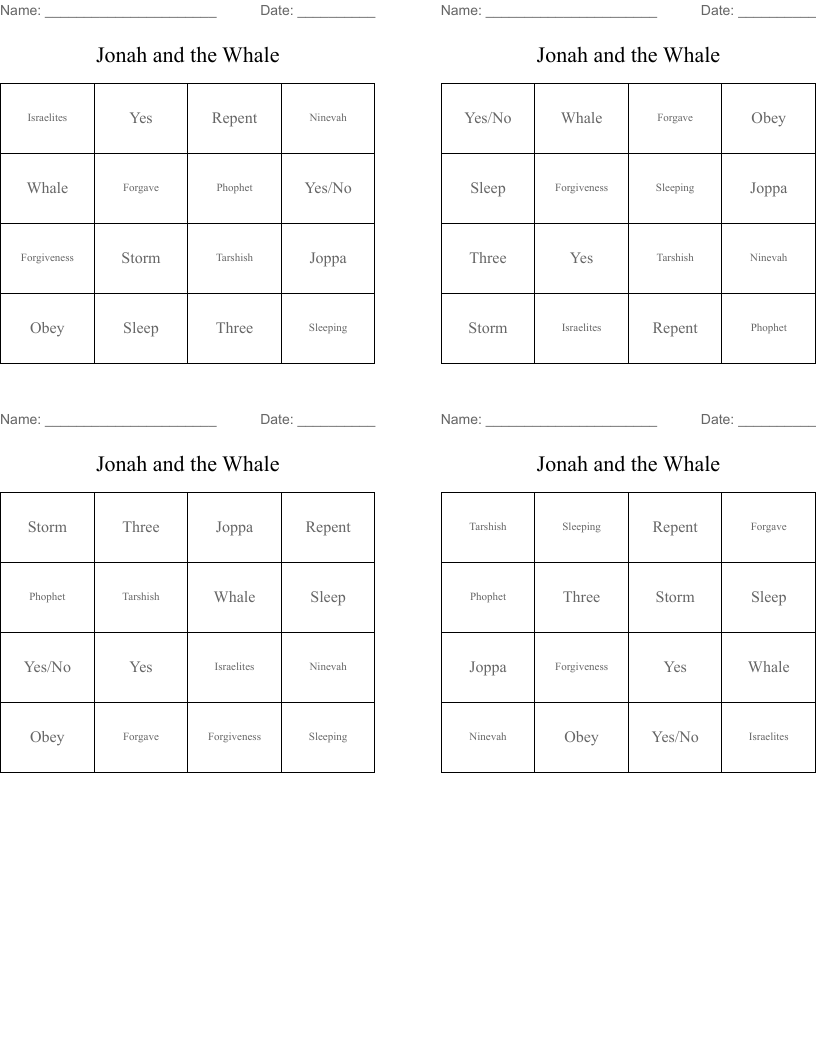 Jonah and the Whale Bingo Cards