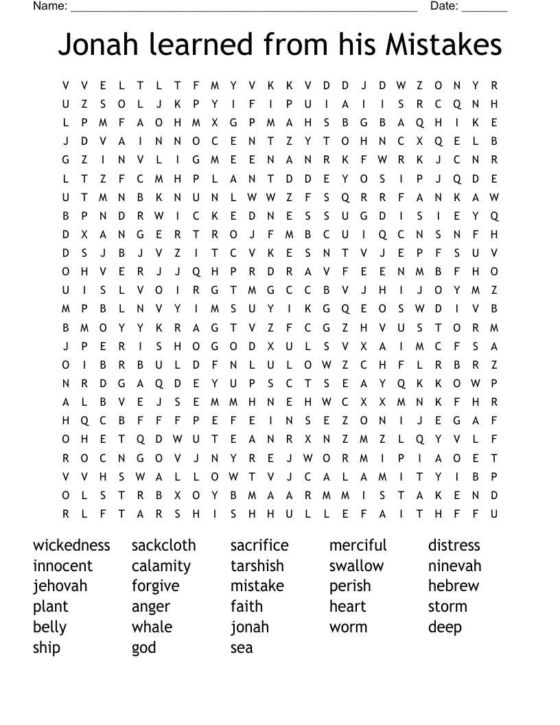 Jonah learned from his Mistakes Word Search
