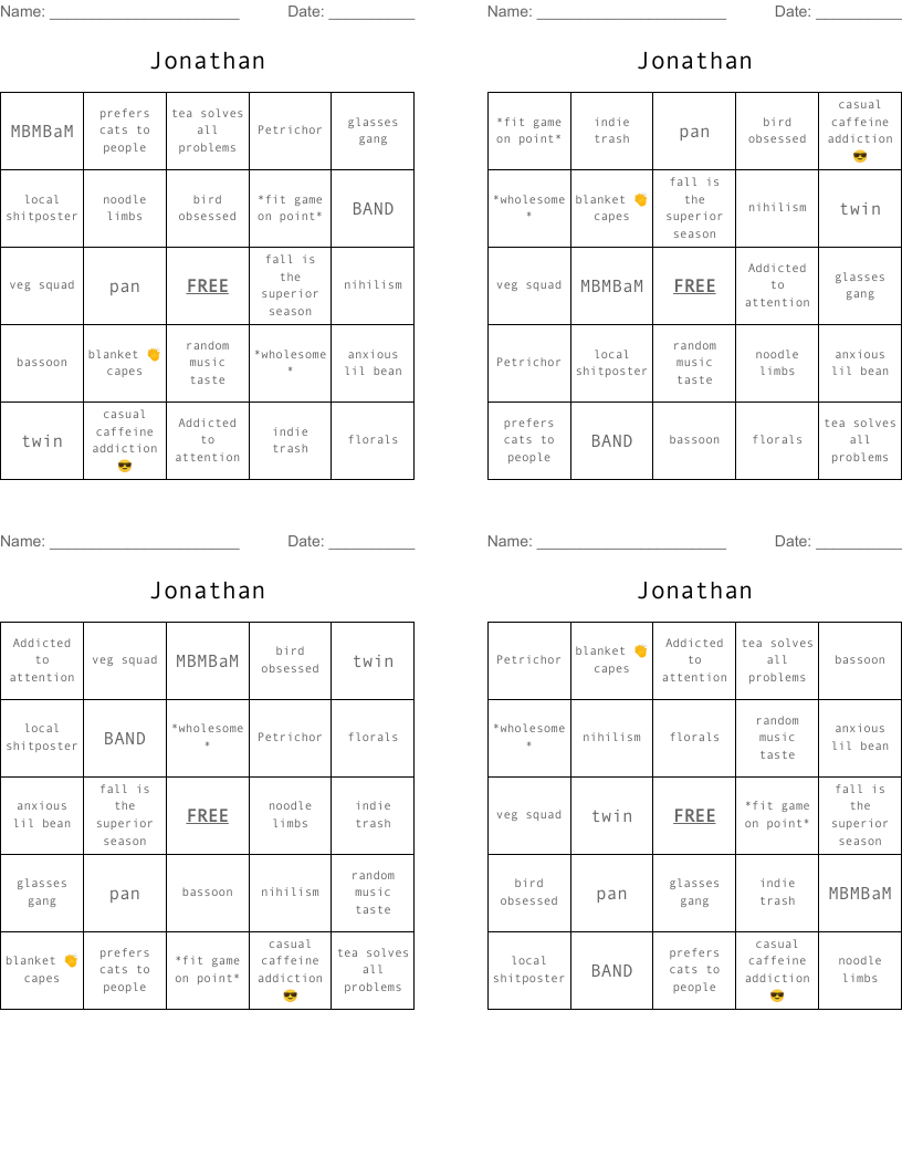 Jonathan Bingo Cards