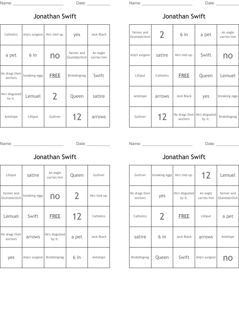 Jonathan Swift Bingo Cards