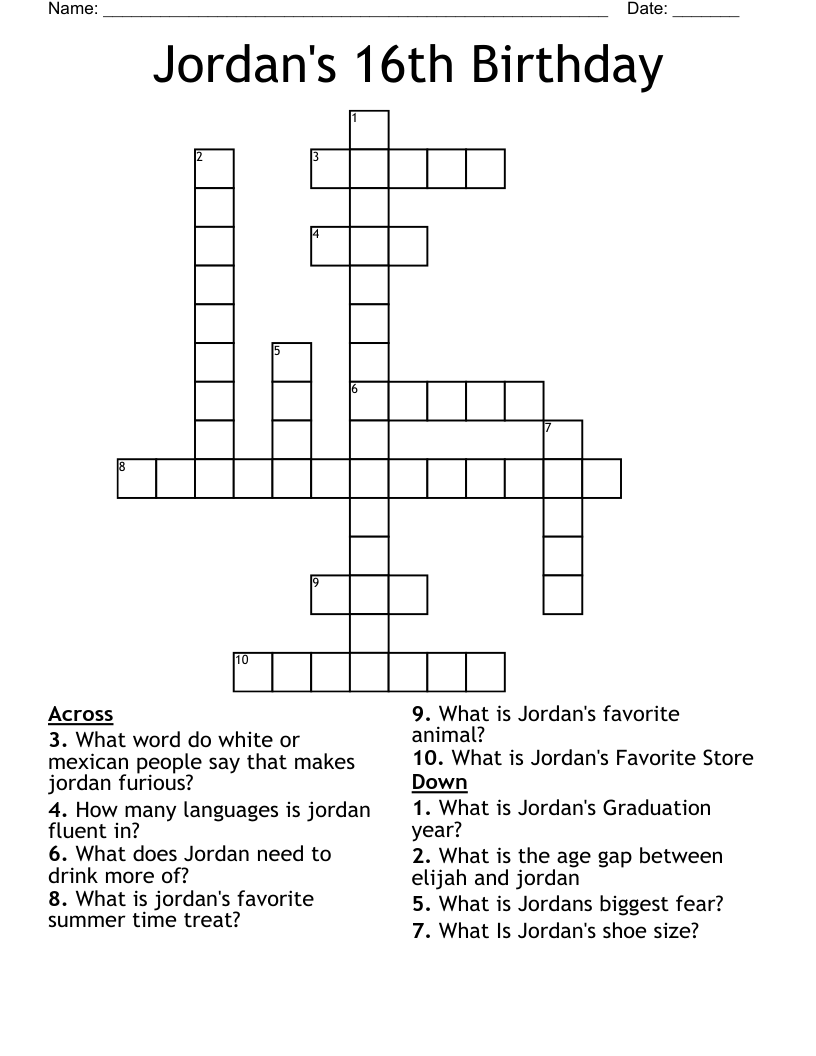 Jordan's 16th Birthday Crossword