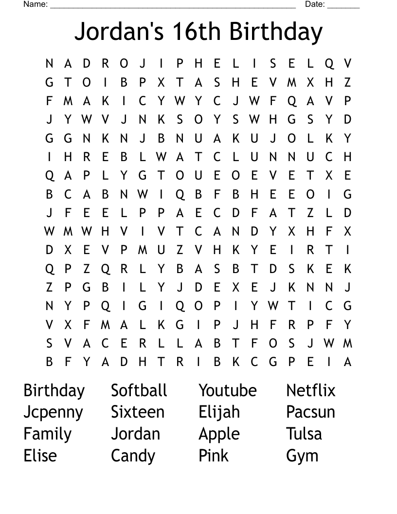 Jordan's 16th Birthday Word Search