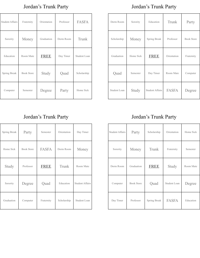 Jordan’s Trunk Party  Bingo Cards